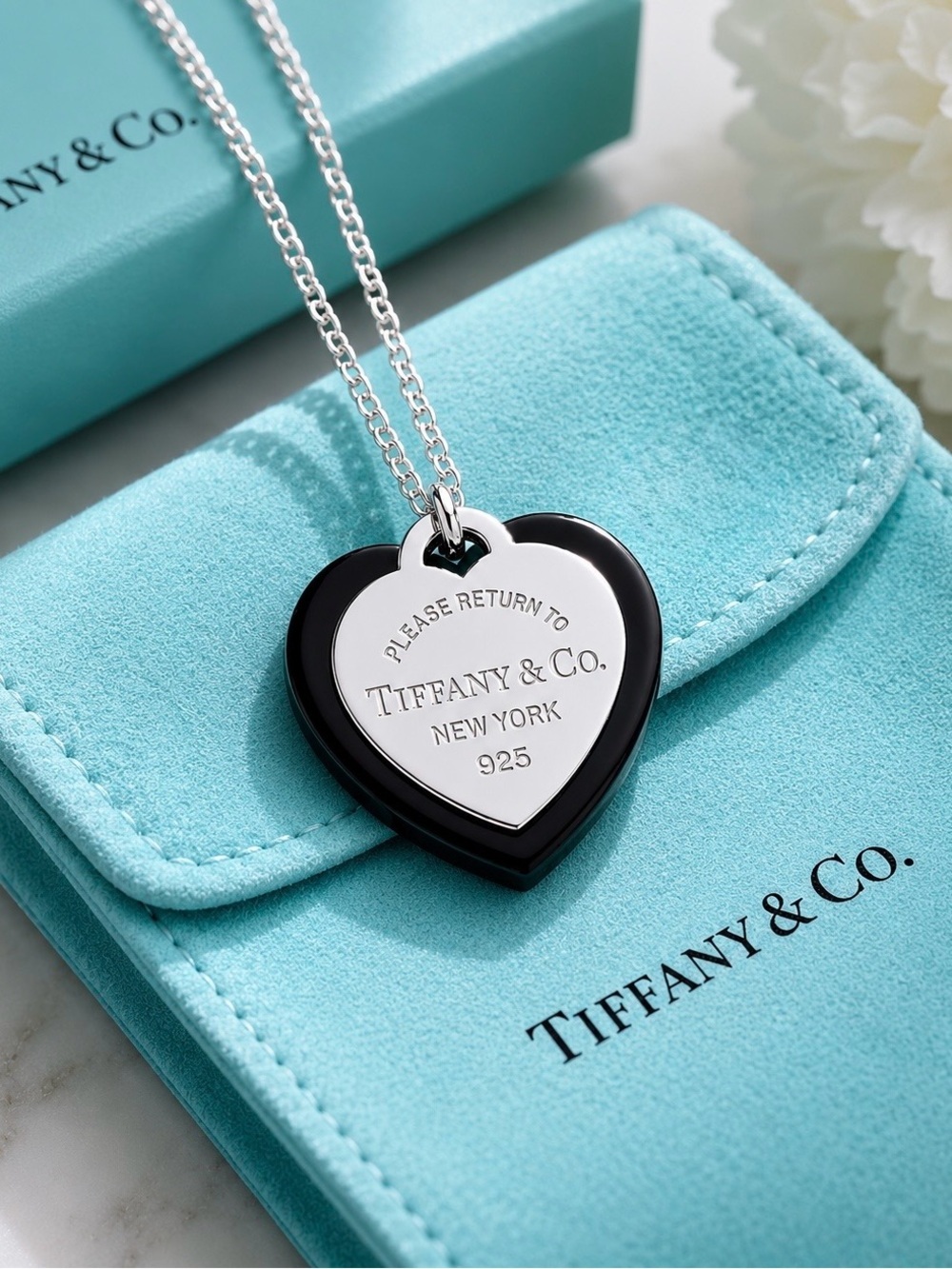 Tiffany & Co. Return To Tiffany Onyx & Silver Double Heart Pendant Necklace 18”